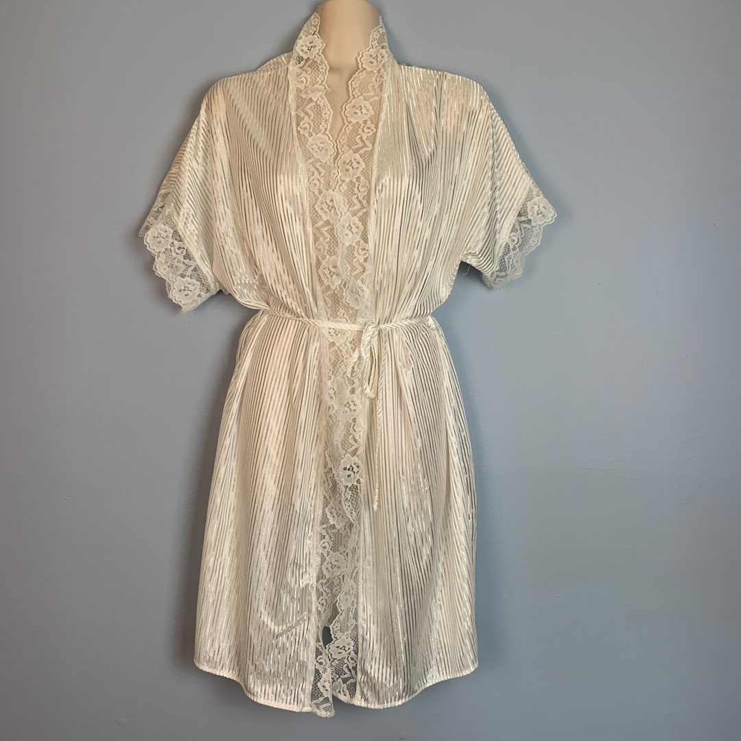 Vintage 80s Sheer Pinstripe Robe: Ivory Lace Trim Peignoir (medium) - Etsy