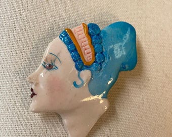 Vintage 60s Art Deco Lady Head Brooch Pin Hand Painted Blue Hair Costume Jewelry