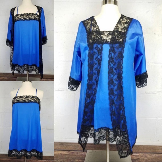 Vintage Sheer Sapphire Blue Nylon Peignoir Set Wi… - image 1