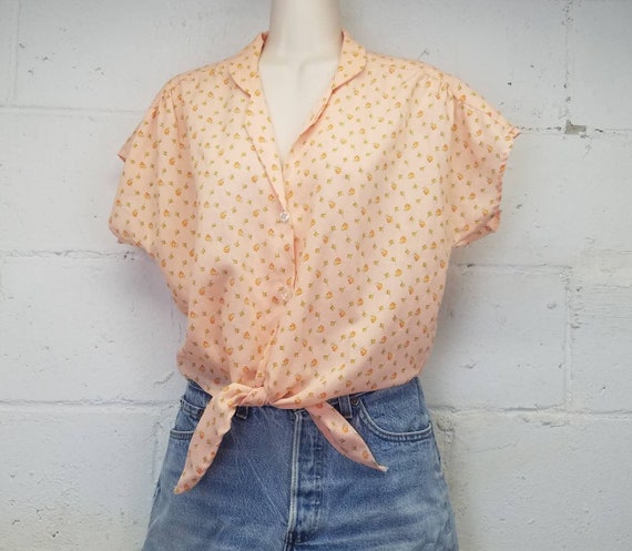 Vintage 70s 80s Tie Front Cropped Floral Blouse by
