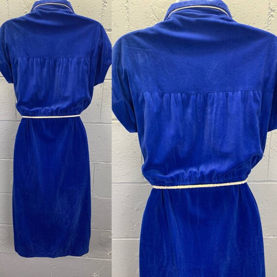 Vintage 1970s Blue Velour Shirtwaist Disco Dress … - image 2