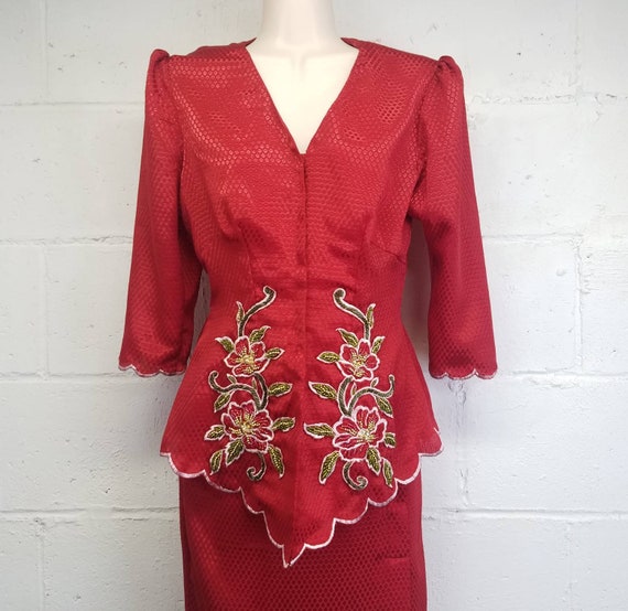 Vintage Red Two Piece Hand Beaded Peplum Jacket S… - image 3