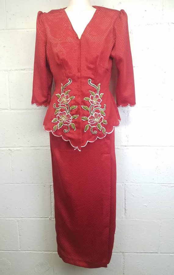 Vintage Red Two Piece Hand Beaded Peplum Jacket S… - image 2