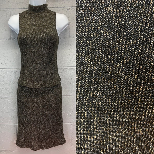 Vintage 1980s Lurex Skirt Set Two Piece Sweater Skirt Judith Michaels Knit Gold and Black Sleeveless Mock Neck Bodycon Wiggle Dress Size SM