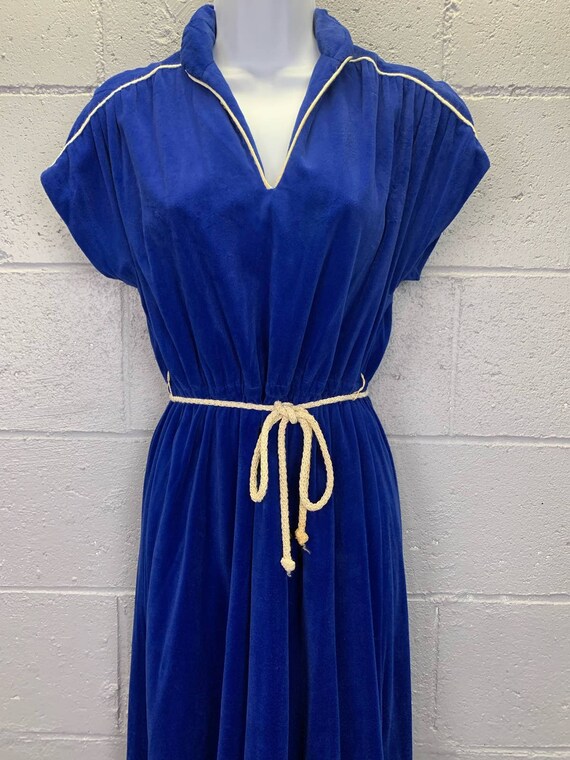 Vintage 1970s Blue Velour Shirtwaist Disco Dress … - image 5