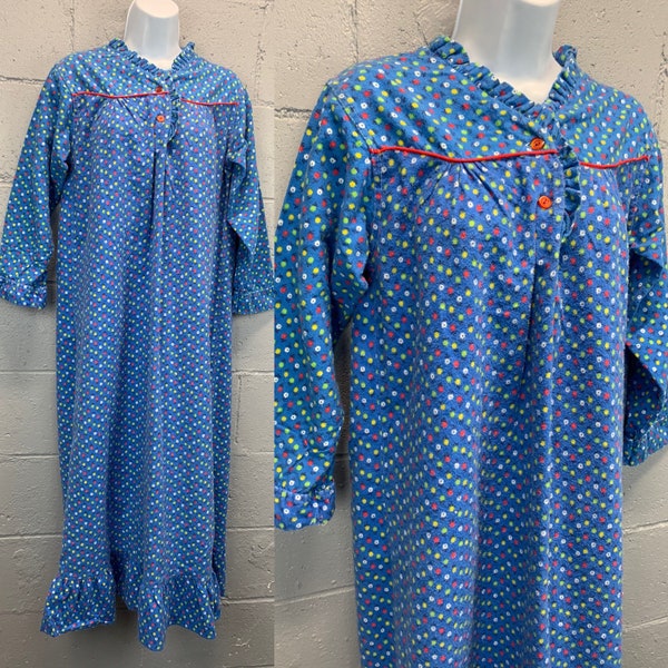 Vintage 80s Calico Cotton Flannel Nightgown 20th Century Wear Inc. Blue Ditzy Floral Prairie Gown Cottage Core Size Small