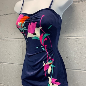 Vintage 1980s One Piece Swimsuit Built in Bra Skirt Front Coverible Straps Strapless Navy Blue Floral Size Small Size 8