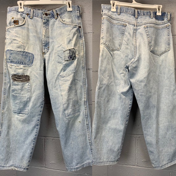 Vintage 1960s Faded Wrangler Jeans Patched Distressed Short Length