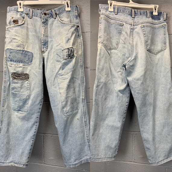 Vintage 1960s Faded Wrangler Jeans Patched Distressed Short Vintage 1960s Faded Wrangler Jeans Patched Distressed Short
