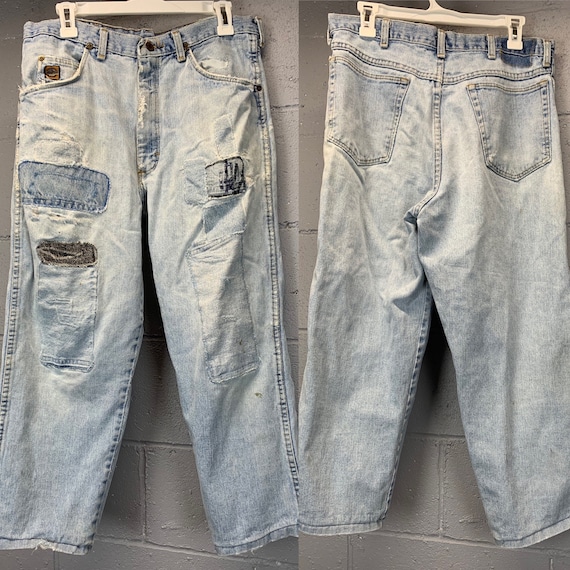 Vintage 1960s Faded Wrangler Jeans Patched Distressed Short Length