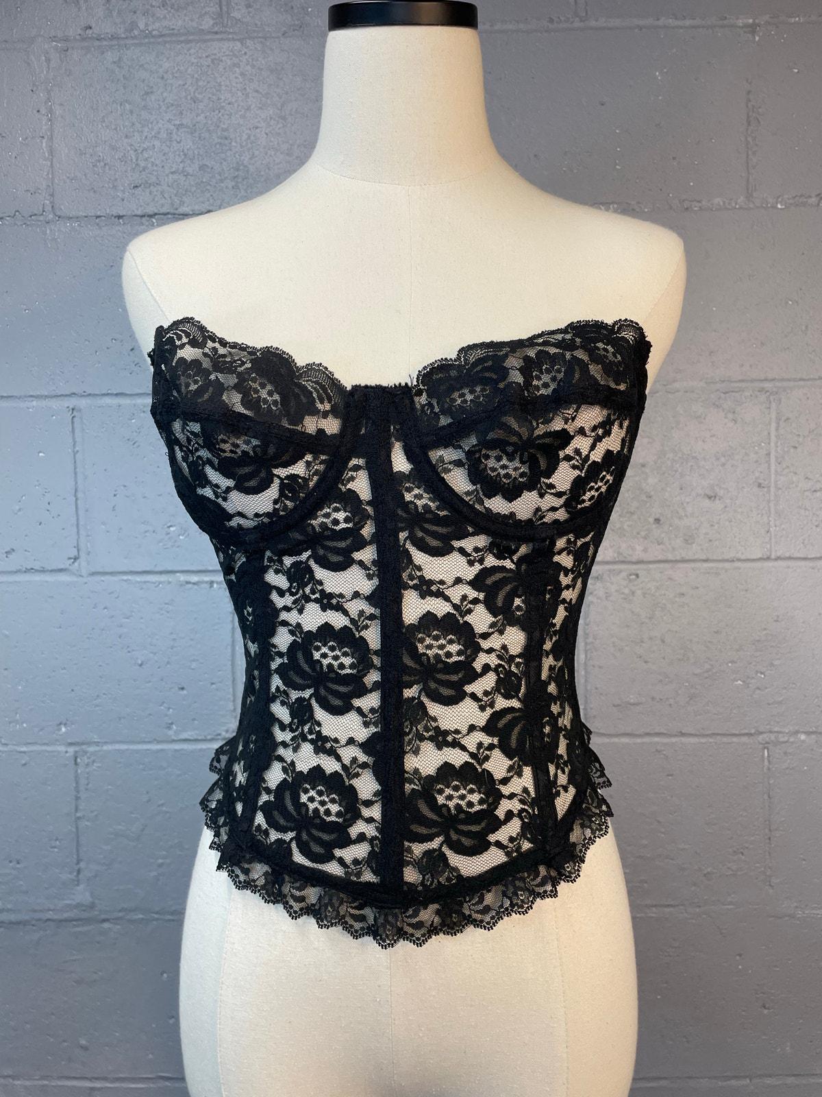 Vintage 70s/80s Jezebel Black Lace Long Lined Corset Bustier