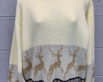 Vintage 1980er Jahre Ski Pullover Weihnachtspullover von Steep Pisten Neuheit Knit Reindeer Color Block Pullover
