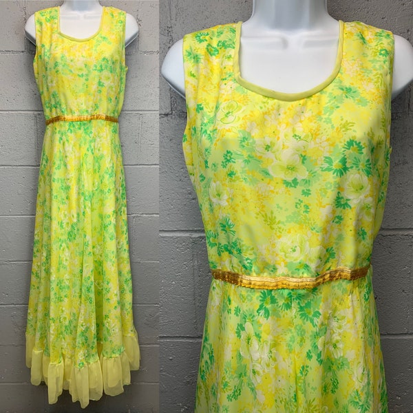 Vintage 1970s Floral Chiffon Ruffled Sleeveless Gown Prom Dress Bridesmaids Dress Maxi Dress Cottage Core Hippie Boho XL