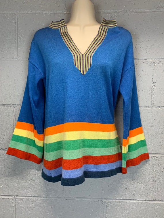 Vintage 70s Electric Blue Rainbow Colorblock Swea… - image 4