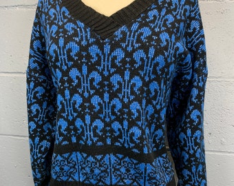 Vintage 80s Lurex Knit Sweater: Fleur De Lis Cropped Pullover