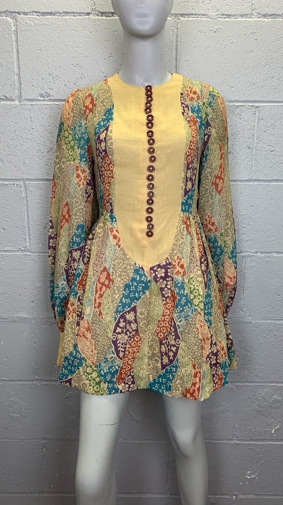Vintage 1970s Mini Prairie Dress Floral Button Fro
