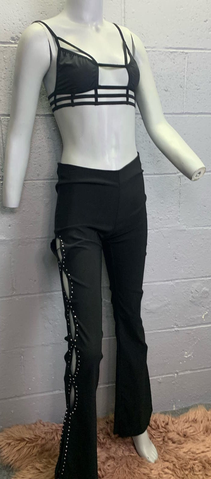 Vtg Y2K Black Low Rise Cut Out Sides Studded Flare Pants