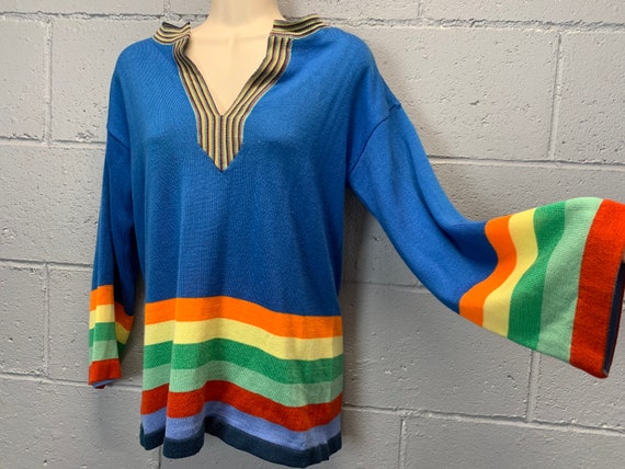 Vintage 70s Electric Blue Rainbow Colorblock Swea… - image 8