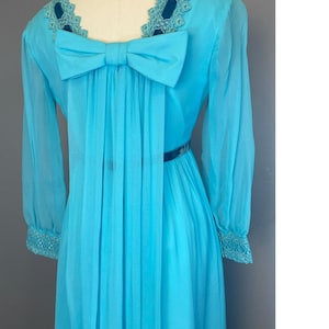 Vintage 1960s Deep Sky Blue Chiffon Gown Bow Back Prairie Gown Flowy Sheer