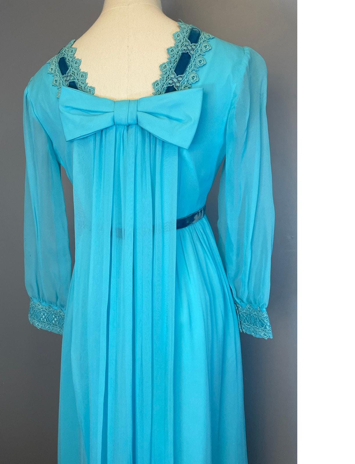Vintage 1960s Deep Sky Blue Chiffon Gown Bow Back Prairie Gown Flowy Sheer Vintage 1960s Deep Sky Blue Chiffon Gown Bow Back Prairie Gown Flowy Sheer