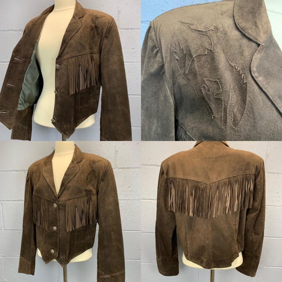 Vintage 80s Brown Suede Fringe Jacket W Rodeo Bronco Rider Cut Out 