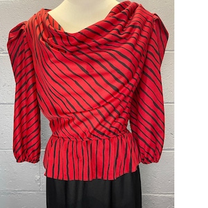 Vintage 1980s Draped Peplum Dress Striped Color Block Red Black Semi Sheer