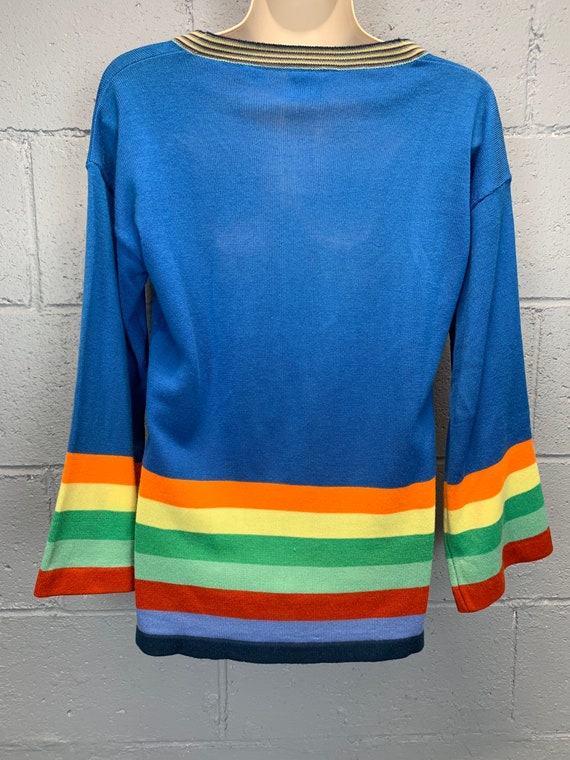 Vintage 70s Electric Blue Rainbow Colorblock Swea… - image 9