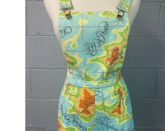 Vintage 1970s Fantasy Map Print Denim Schlaghose Große Latzhose XS/Klein Urlaub