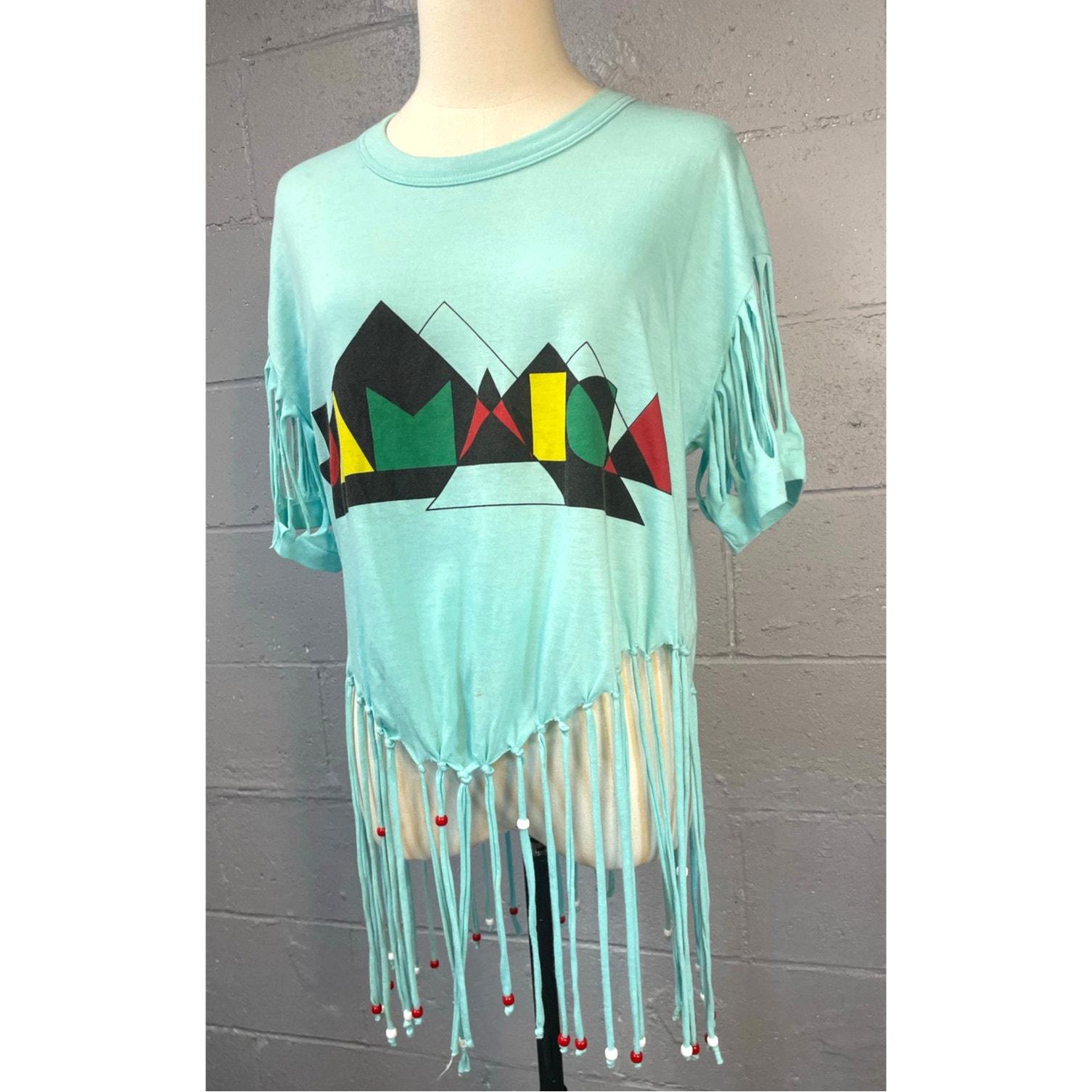 Vintage 80s Asymmetric Beaded Fringe Razor Cut Single Stitch