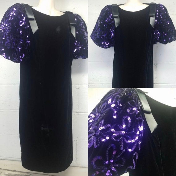 Vintage 80s 90s Velvet Prom Dress Bell Sleeves Bal