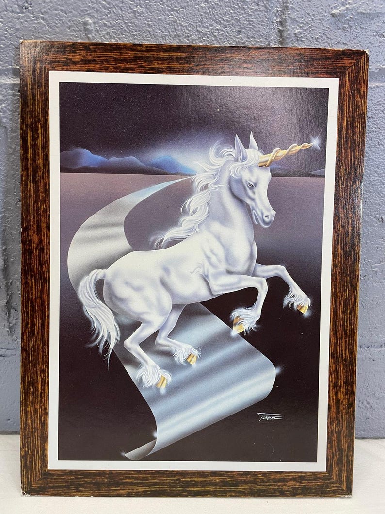 Vintage 1980s Unicorn Fantasy Art Print on Press Board White Horse ...