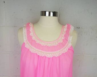 Vintage Hot Pink Sheer Nylon Nightgown with Pleated Bodice and Lace Trim Vintage Lingerie Pin Up Sissy Valentine's Day