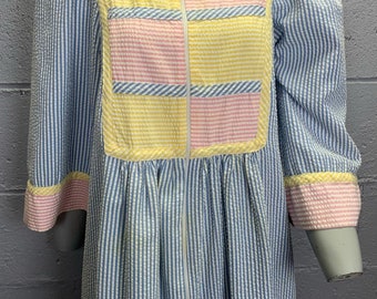 Vintage 1980s Pastel Color Block Pin Striped Cotton Seersucker Color Block Hostess Dress Saybury