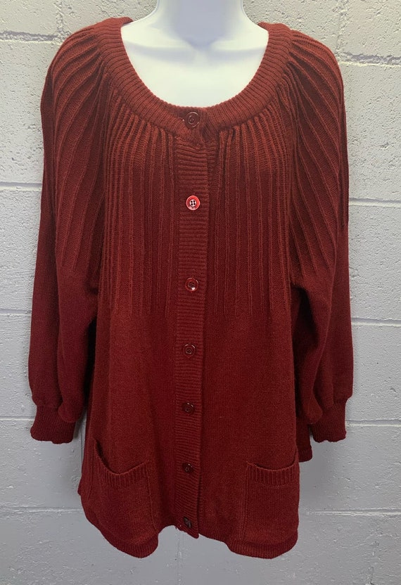 Vintage 80s Maroon Cottage Core Cardigan Sweater … - image 7