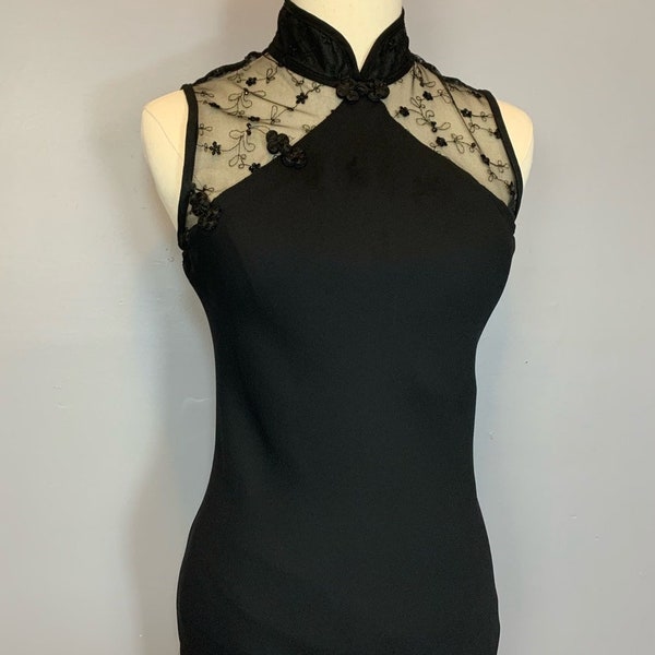 Vintage 80s Black Cheongsam Dress Embroidered Mesh Kiki USA Small