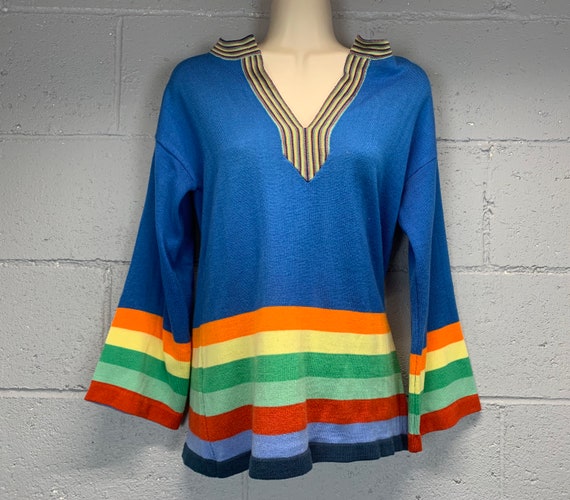 Vintage 70s Electric Blue Rainbow Colorblock Swea… - image 2