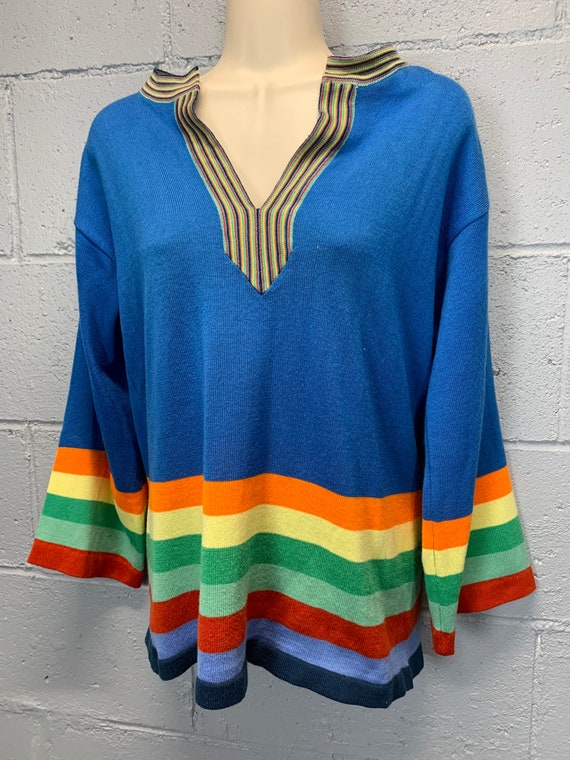 Vintage 70s Electric Blue Rainbow Colorblock Swea… - image 7