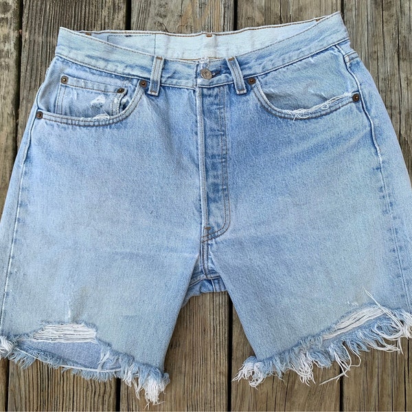 Vintage 1980s Distressed Levis 501 Cutoff Shorts Light Wash High Waist Button Fly Patched Fringe Honest Wear Size 33 Mom Jeans Bobby Shorts