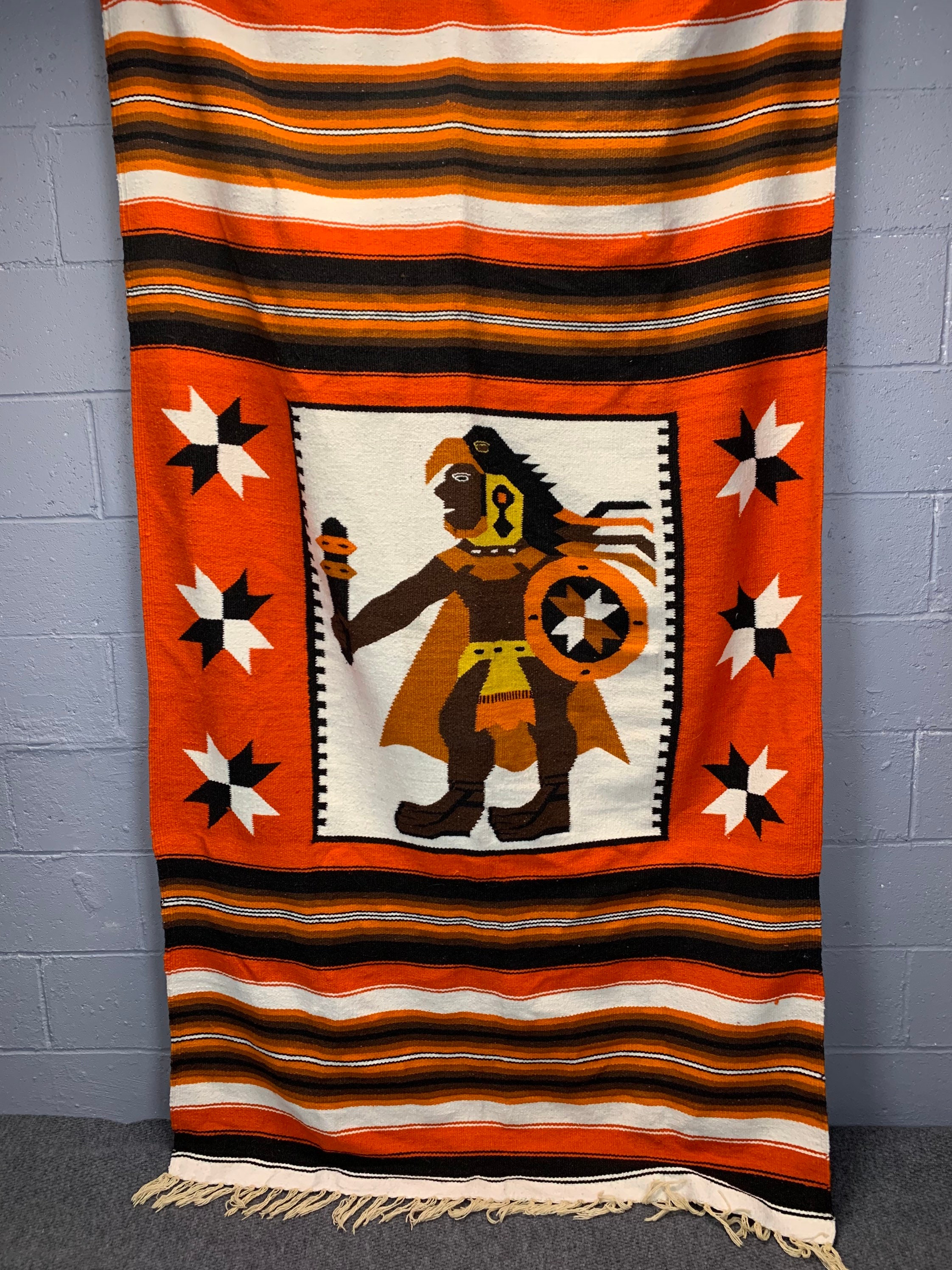 Vintage Woven Wool Serape Blanket: Southwestern Aztec Textile Art