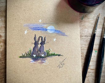 Tarjeta de felicitación pintada a mano con diseño de liebre y luna: Edición limitada Moonstruck firmada