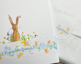 Happy Bunnies~ Pack of 5 Assorted Greetings Cards~ White recycled card~ From original watercolour illustrations