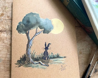 Hare Moon - Limited Edition Hand painted Bunny Rabbit/Hare Greetings Card. Hand Painted & signed by the artist.