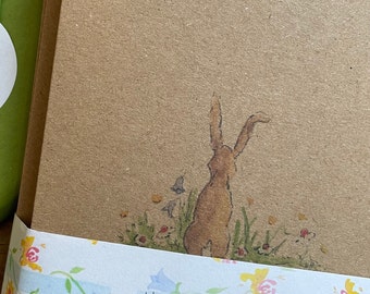 Happy Bunnies ~Pack of 5 Assorted Printed cards~ 5 designs ~A6 Kraft or white cards ~ From original watercolour & ink illustrations.