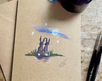 Moonstruck - Limited Edition Hand painted Hare/ Bunny Rabbit Greetings Card. Hand Painted & signed by the artist.