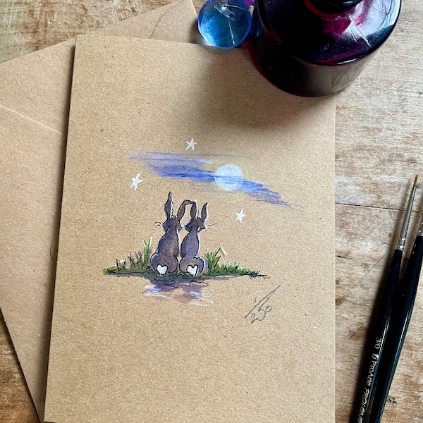 Moonstruck - Limited Edition Hand painted Hare/ Bunny Rabbit Greetings Card. Hand Painted & signed by the artist.