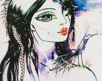 Arte desnudo original, impresión de tinta de mujer, impresión artística de mujer desnuda, labios rojos, impresión de desnudo, impresión de desnudo, arte de acuarela, impresión de desnudo, arte desnudo,