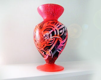 ABSTRACT VASE, Red Vase, Pink Vase, Fluorescent Pink art, Graffiti Vase, Bright Vase, Ceramic art, Love Vase, Original Art, handmade