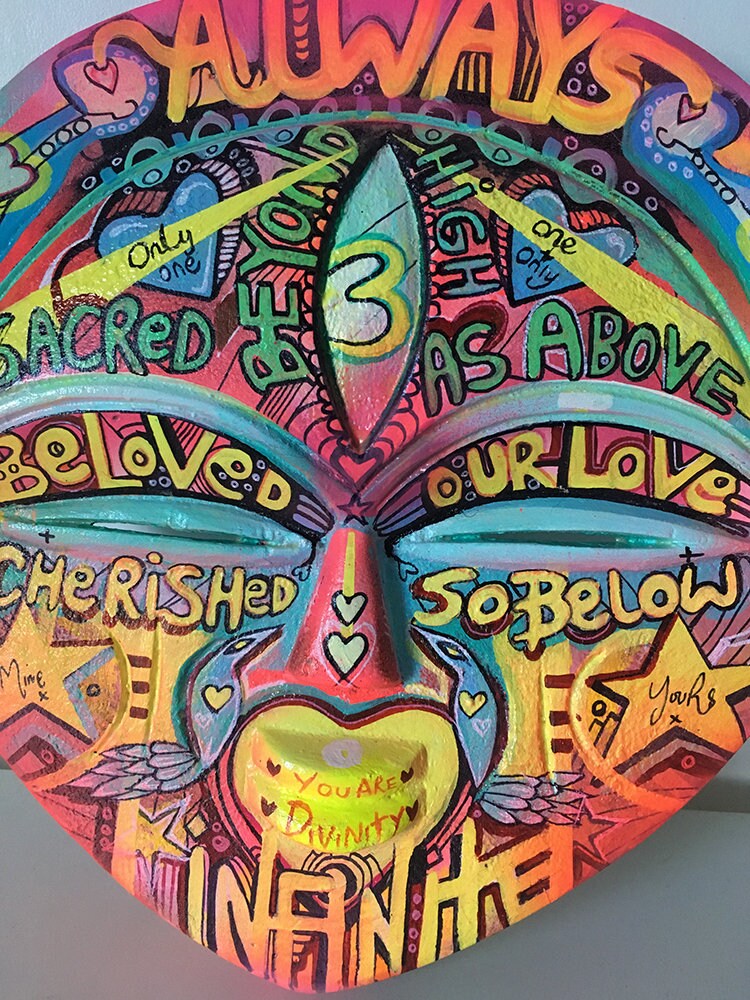 FACE SCULPTURE, ART Mask, Graffiti Tiki Mask, Art Mask, Wall Hanging, Wooden Mask, Graffiti Art