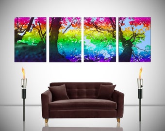 Rainbow Trees - Trees, Abstract Art, Eclectic, Blossom, Tree Art, Set of 4, Wall Art Decor, Gallery Wall Art