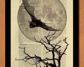 Flying Bat, Full Moon, Traditional Gothic, Dictionary Print, Book Page Art, Vampire, Gifts for Goths, Dark Art